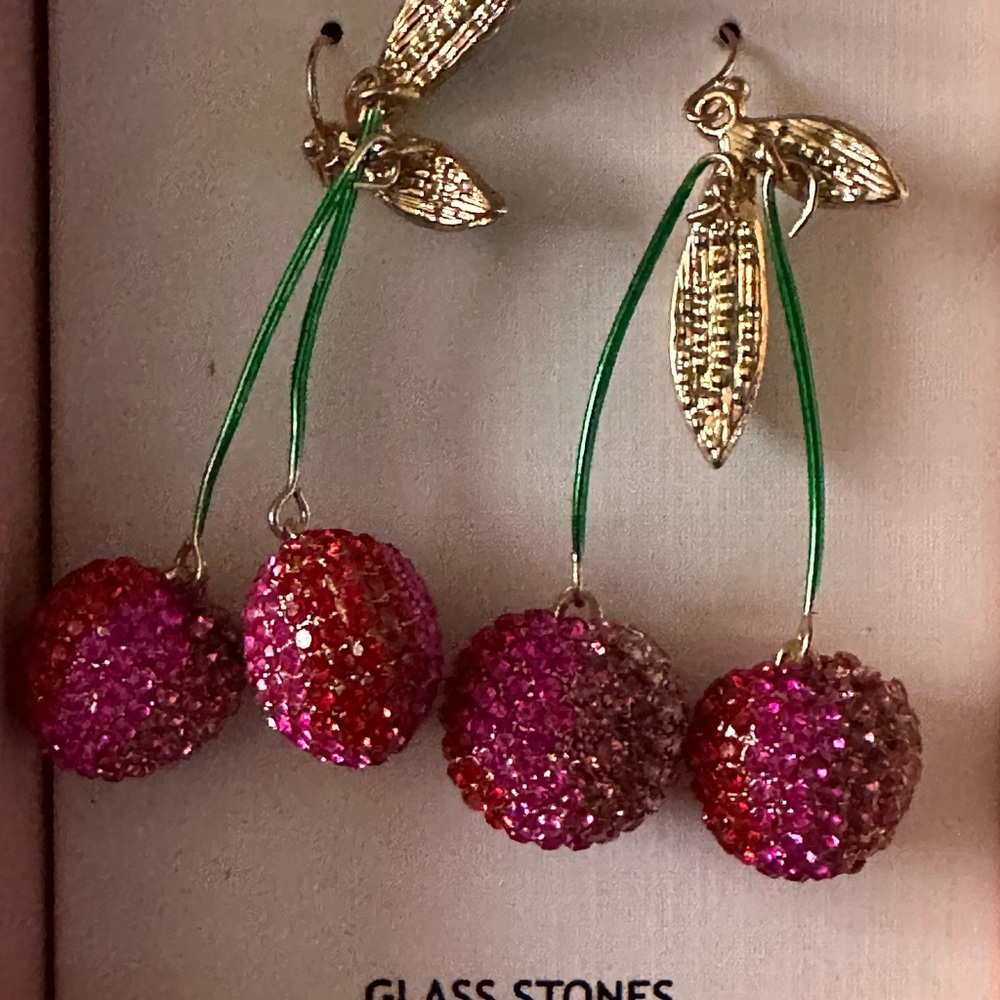 Elegant Pink and Red Cherry Earrings - Picture 2 of 2